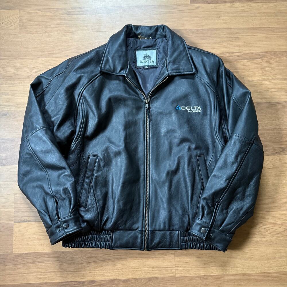 Men's Burk's Bay Delta Machinery Power Tools Black Leather Bomber Jacket Sz 2XL